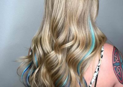 Las Vegas hair stylist - long blonde hair with blue streaks